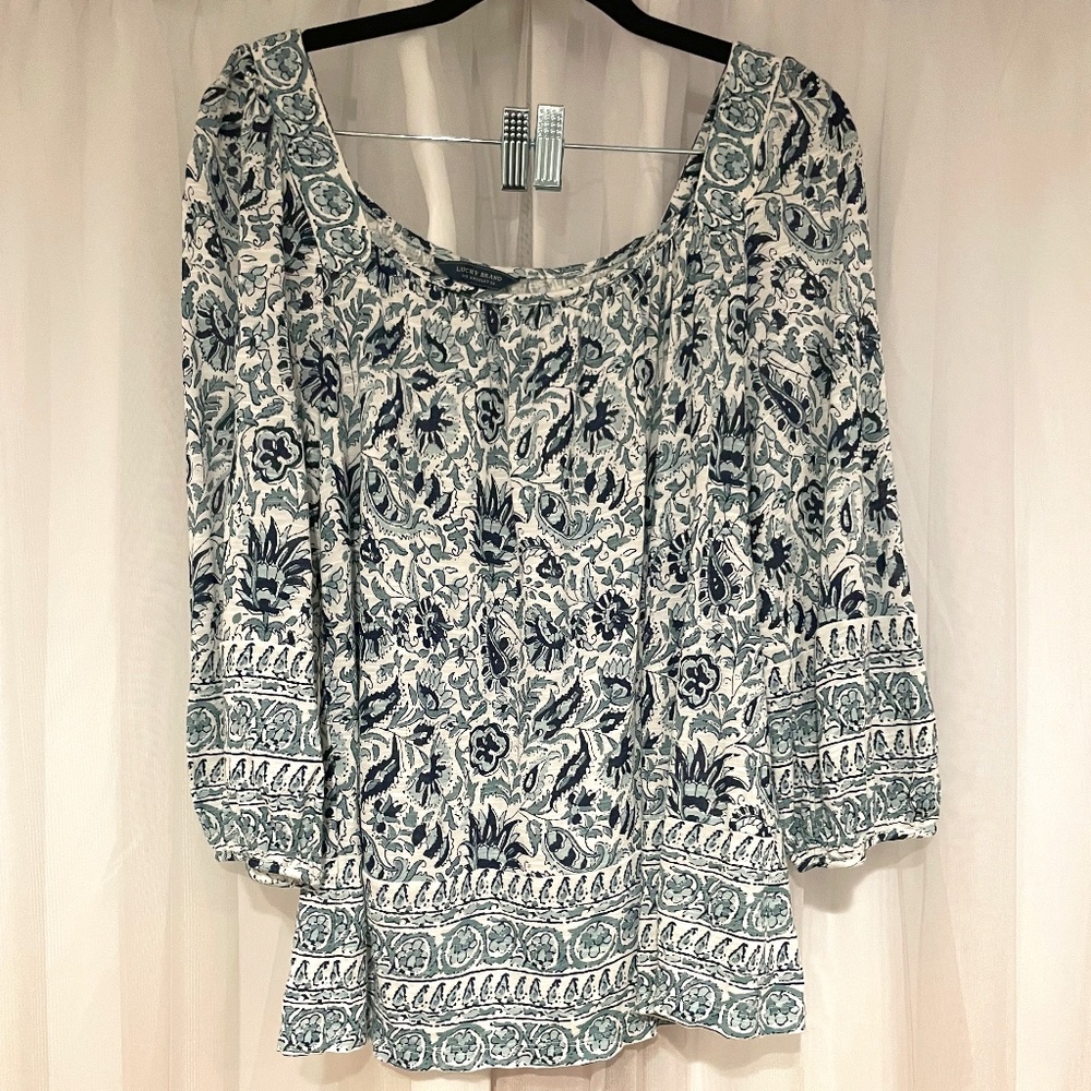 LUCKY BRAND blue white square neck blouse Sz S